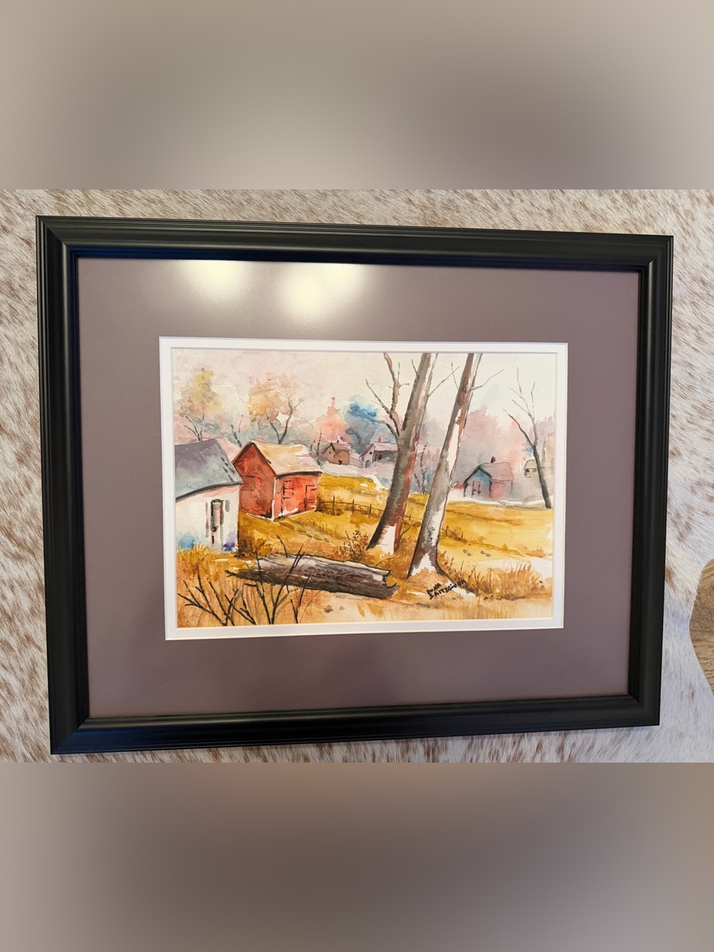 Framed Watercolor Farm Landscape in Autumn Hues